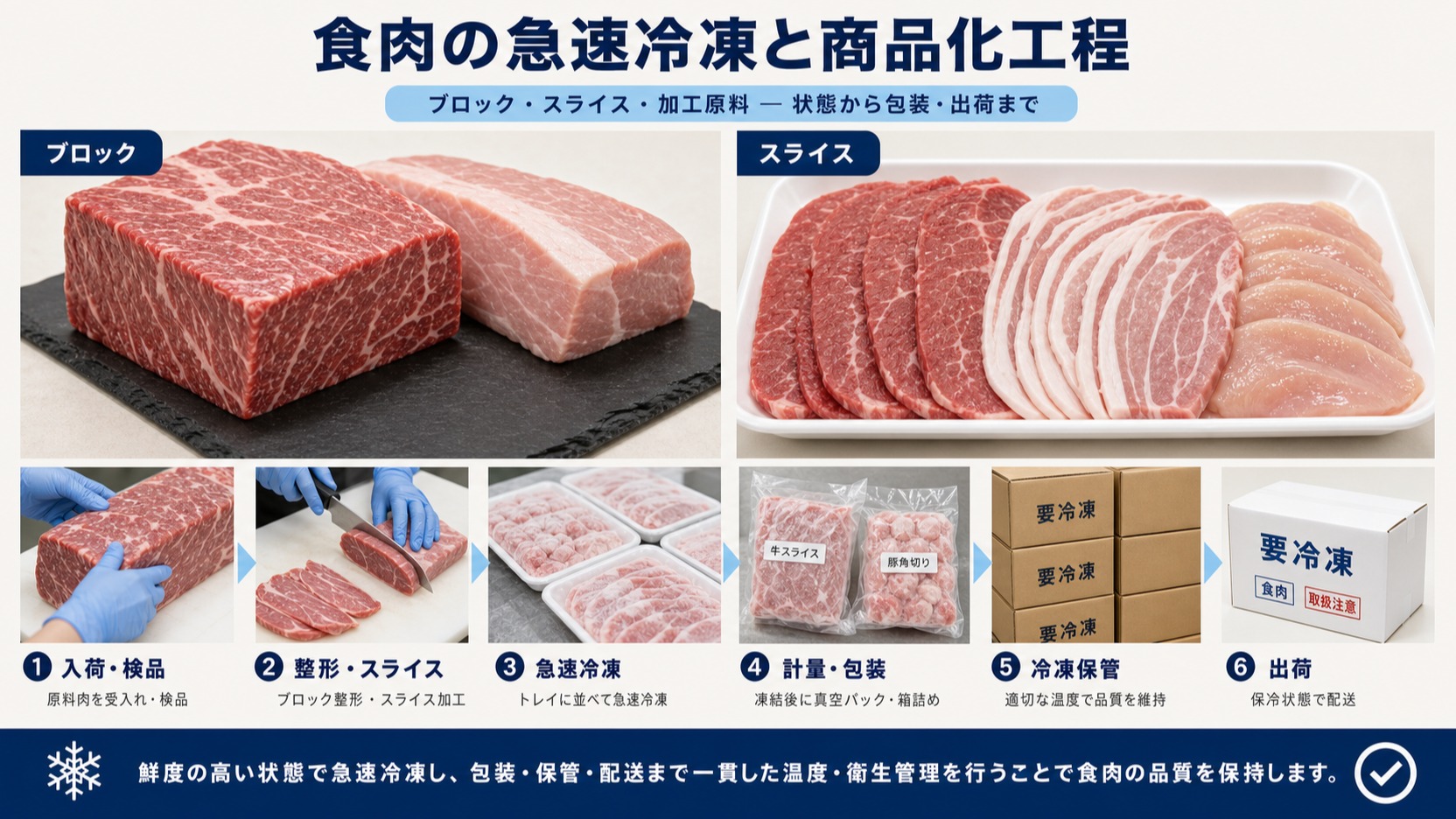 食肉(牛・豚・鶏のブロック・スライス・加工原料)を急速冷凍して商品化するまでの商品状態と工程