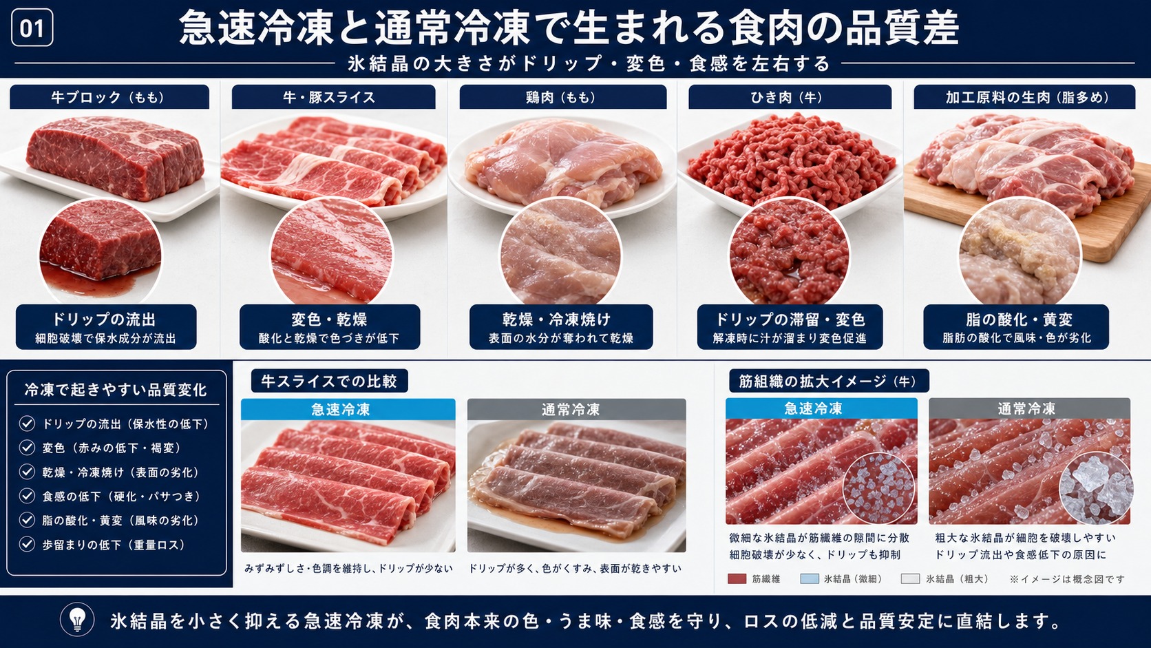 急速冷凍と通常冷凍による食肉(牛・豚・鶏のブロック・スライス・加工原料)の品質差