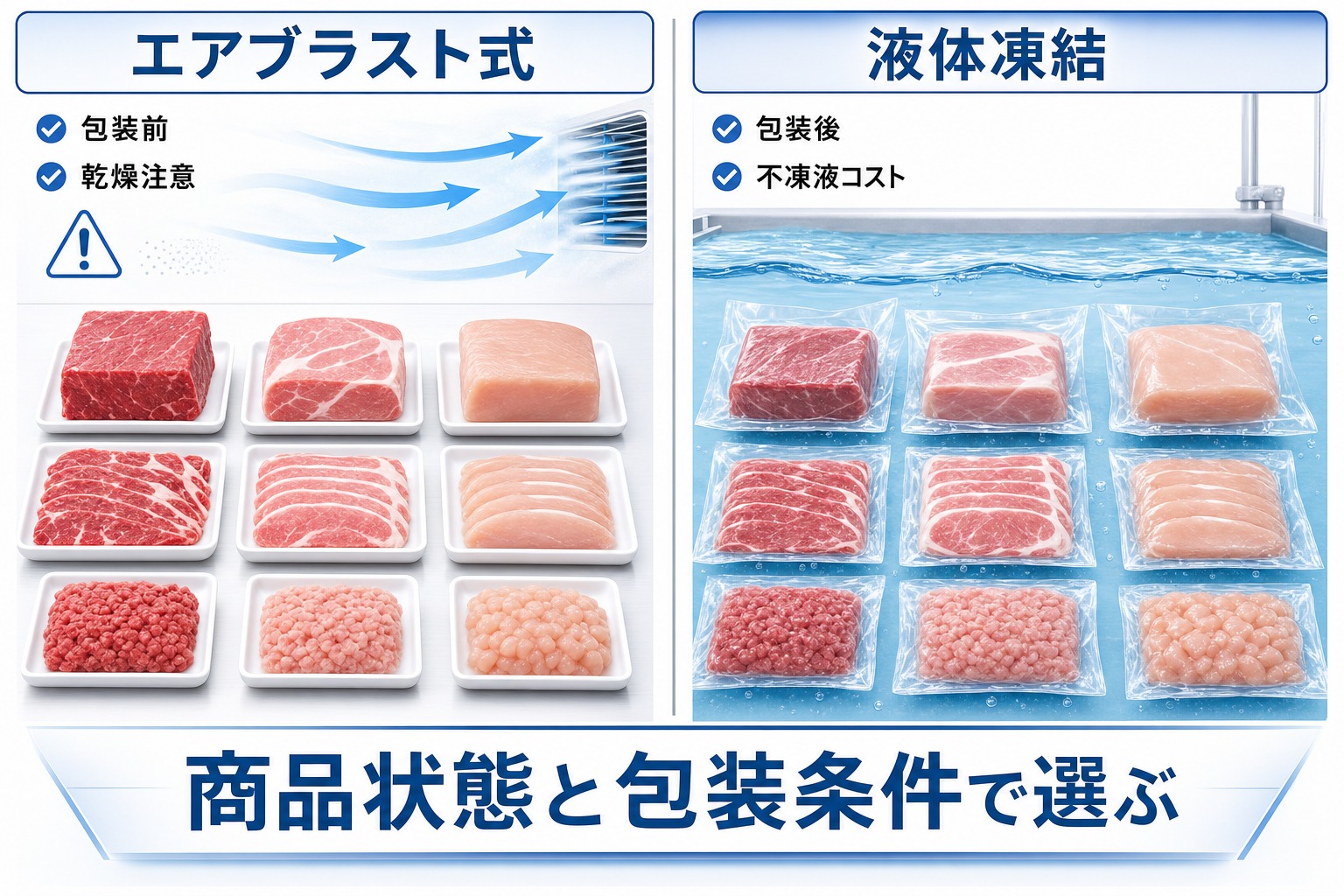 牛・豚・鶏のブロック・スライス・ミンチで比べるエアブラスト式と液体凍結