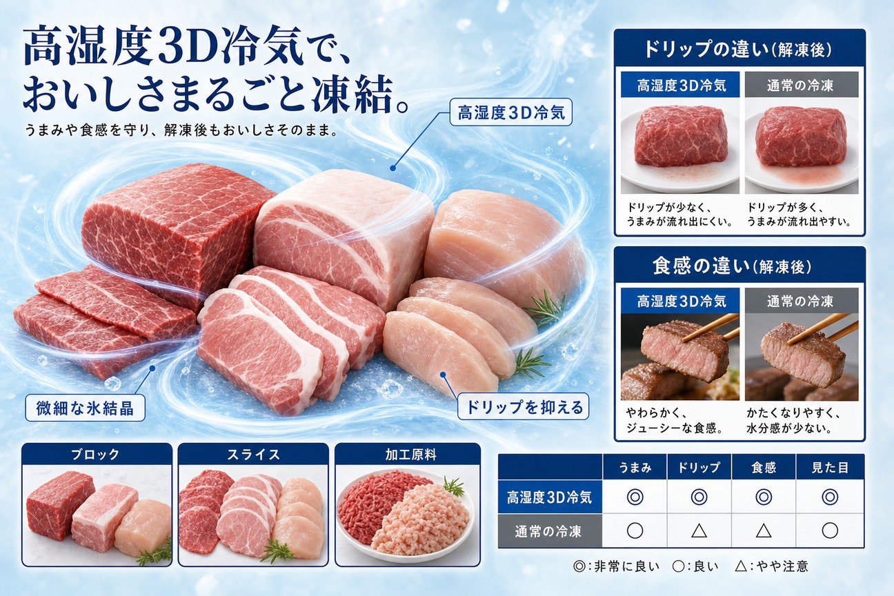 高湿度3D冷気で食肉(牛・豚・鶏のブロック・スライス・加工原料)を均一に凍結する仕組み