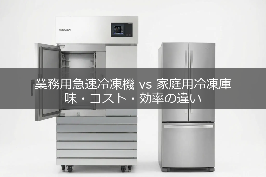 業務用急速冷凍機と家庭用冷凍庫が並んでいる