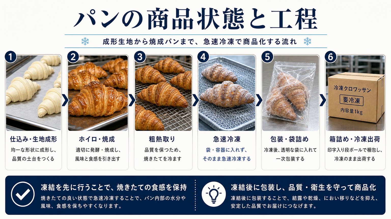 パン・ベーカリー製品(成形生地・焼成パン・冷凍生地)を急速冷凍して商品化するまでの商品状態と工程