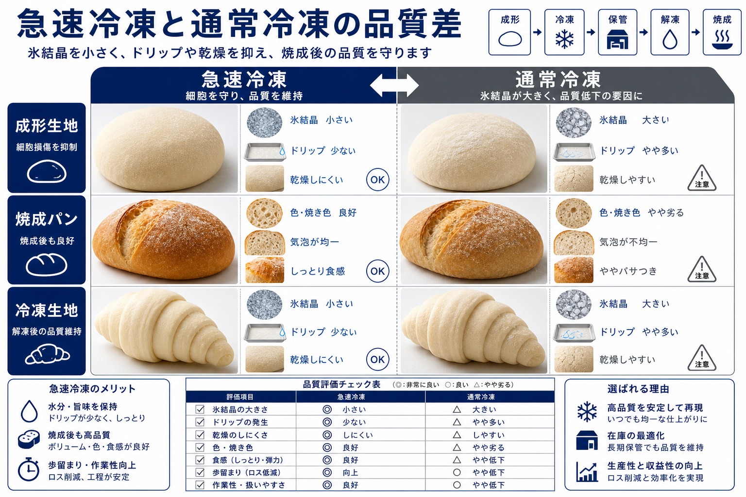 急速冷凍と通常冷凍によるパン・ベーカリー製品(成形生地・焼成パン・冷凍生地)の品質差
