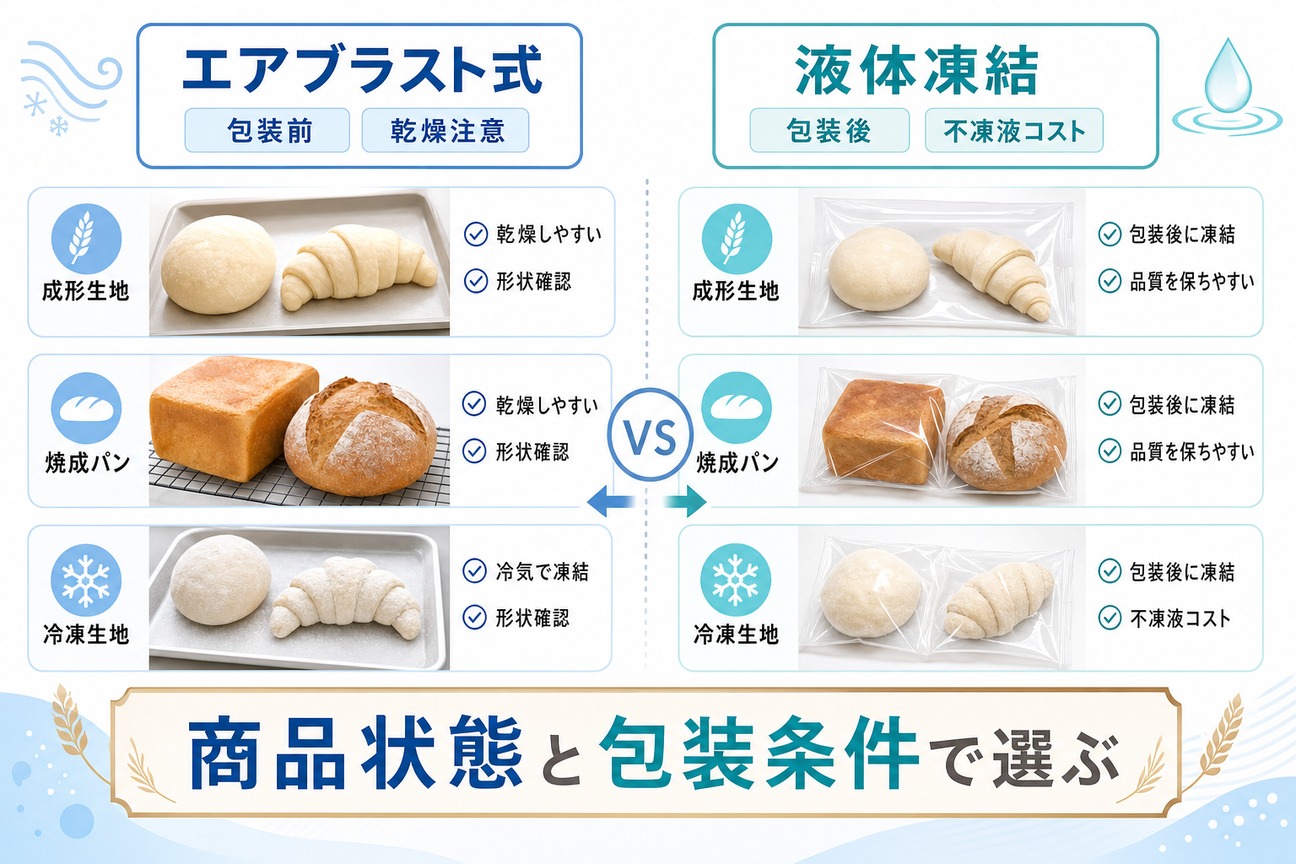 エアブラスト式と液体凍結でパン・ベーカリー製品(成形生地・焼成パン・冷凍生地)を凍結・包装する条件の違い