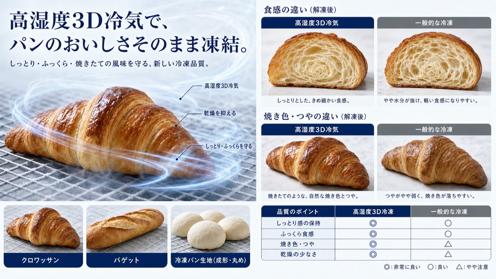 高湿度3D冷気でパン・ベーカリー製品(成形生地・焼成パン・冷凍生地)を均一に凍結する仕組み