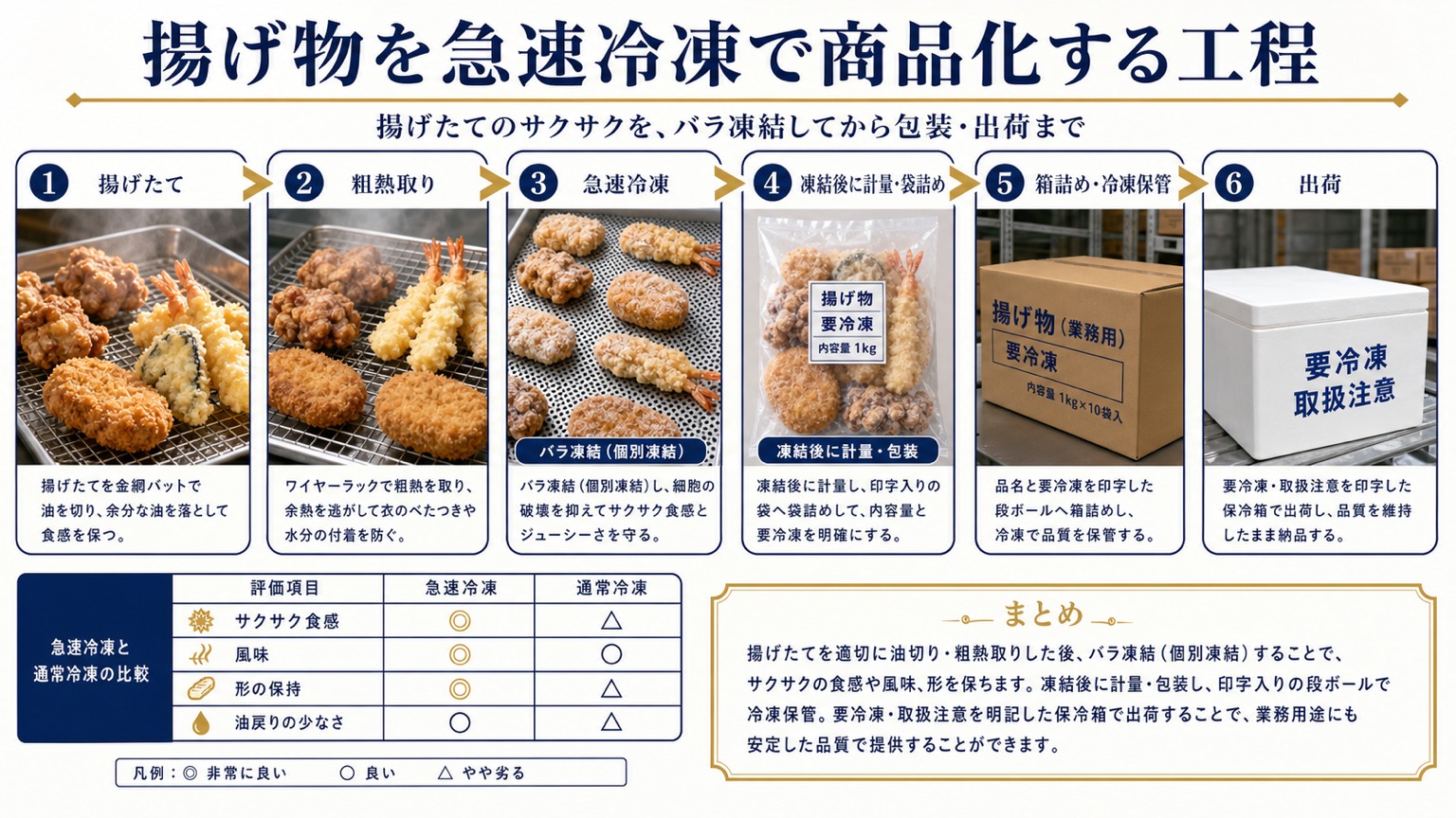 揚げ物(唐揚げ・天ぷら・フライ・コロッケ)を急速冷凍して商品化するまでの商品状態と工程