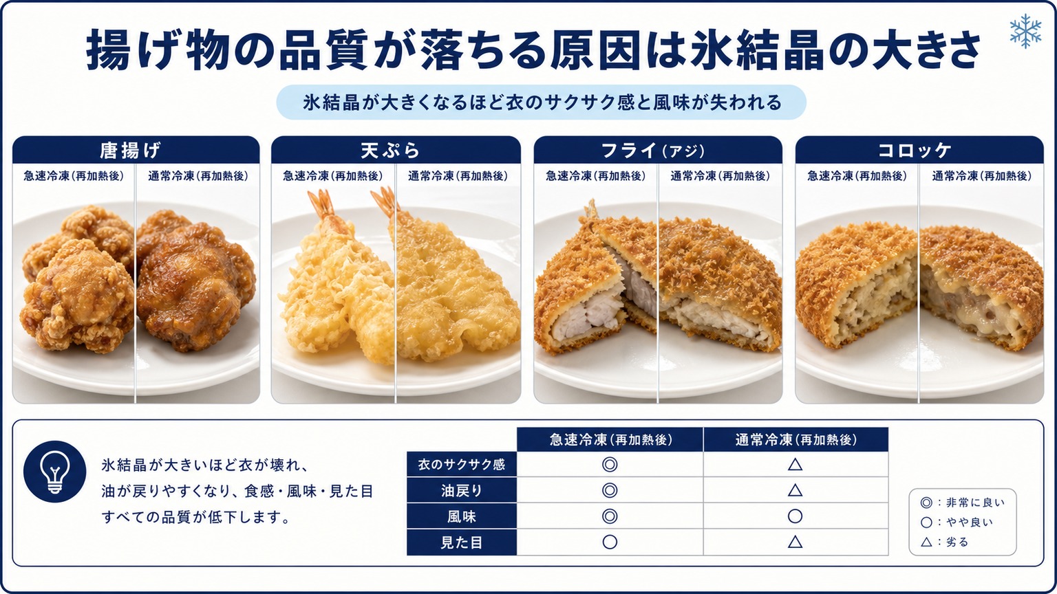 急速冷凍と通常冷凍による揚げ物(唐揚げ・天ぷら・フライ・コロッケ)の品質差