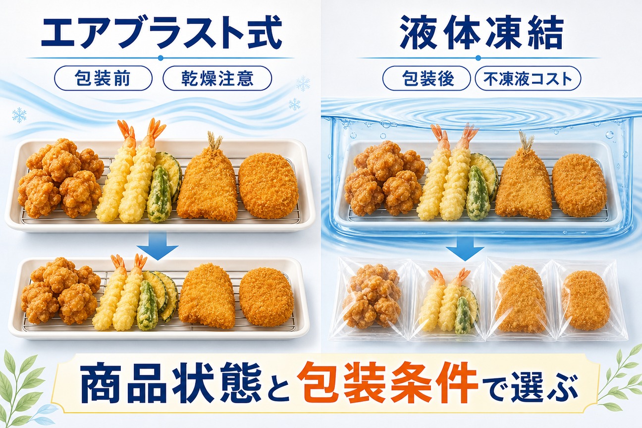エアブラスト式と液体凍結で唐揚げ・天ぷら・フライ・コロッケを比較した図