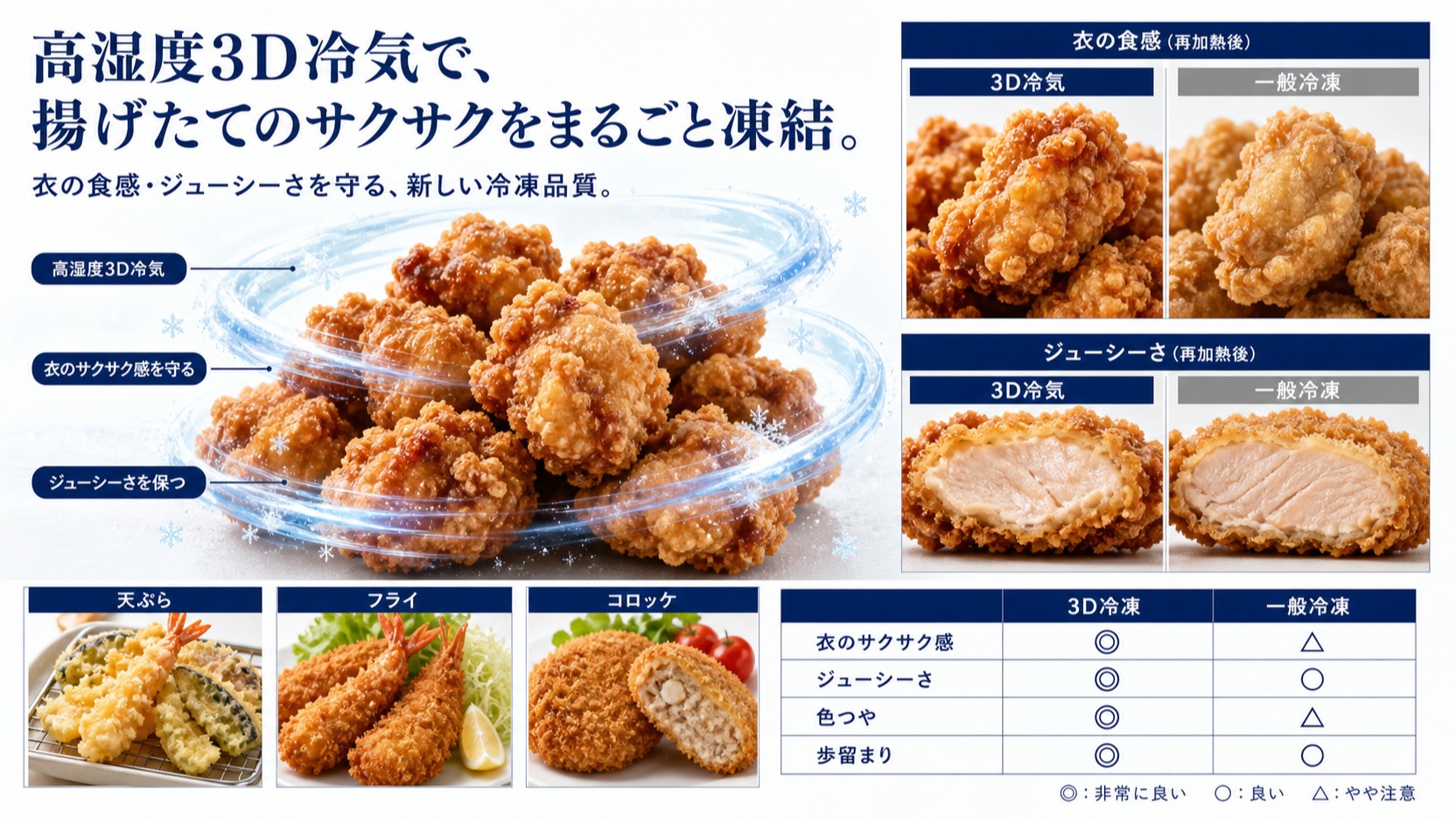 高湿度3D冷気で揚げ物(唐揚げ・天ぷら・フライ・コロッケ)を均一に凍結する仕組み