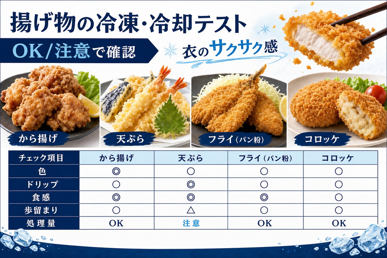 揚げ物(唐揚げ・天ぷら・フライ・コロッケ)の冷凍・冷却テストの確認項目