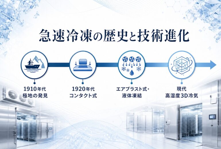 急速冷凍の歴史をバーズアイの発見から高湿度3D冷気までの技術年表として示す業務用急速冷凍の資料画像