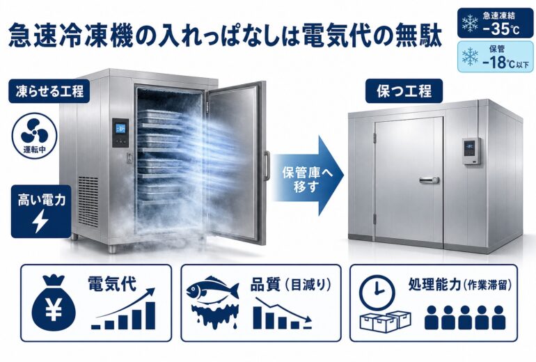 急速冷凍機を凍結完了後も入れっぱなしにすると電気代・品質・処理能力の3つが損なわれることと、凍結完了後は冷凍保管庫へ移すべきことを示した図解