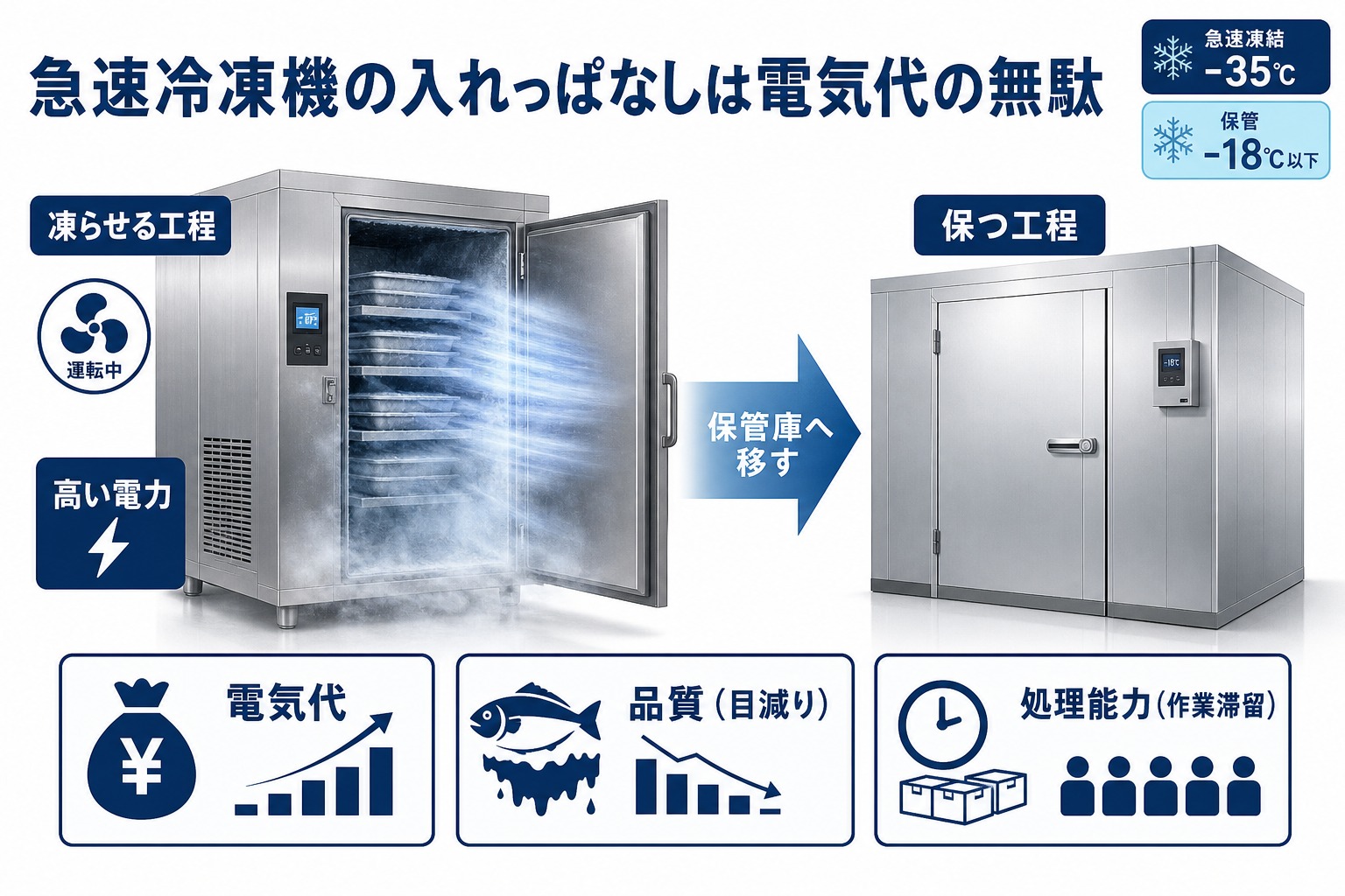 急速冷凍機を凍結完了後も入れっぱなしにすると電気代・品質・処理能力の3つが損なわれることと、凍結完了後は冷凍保管庫へ移すべきことを示した図解
