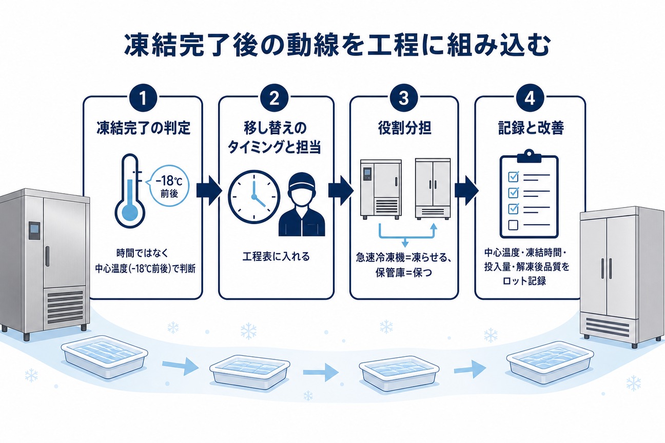 中心温度で凍結完了を判定し、担当と工程表で移し替えのタイミングを決め、急速冷凍機は凍らせる工程・保管庫は保つ工程と役割分担し、ロットごとに記録して改善する4ステップの動線設計を示した図解