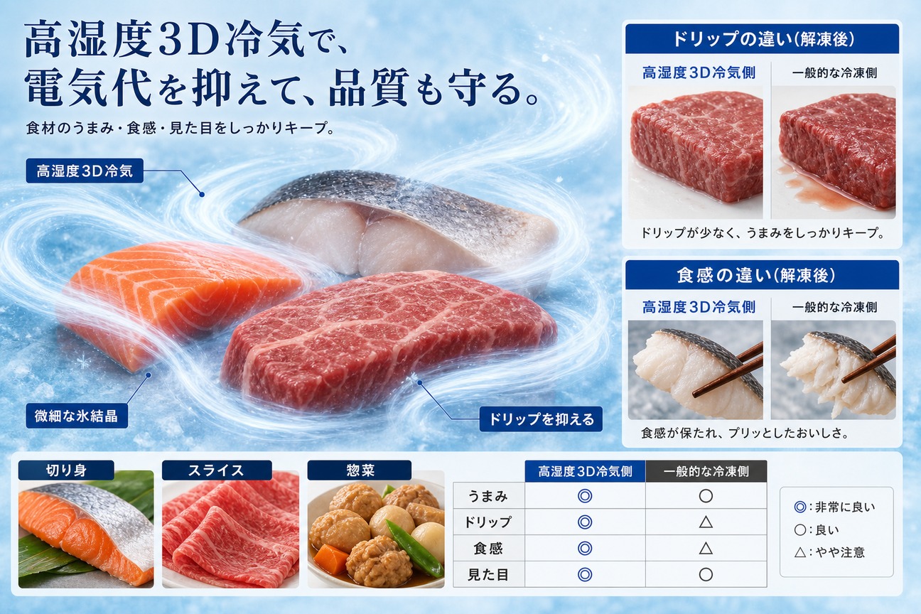 高湿度3D冷気でサーモンや牛肉の切り身を凍らせ、電気代を抑えつつ一般的な冷凍とのドリップ・食感差を比較した図解