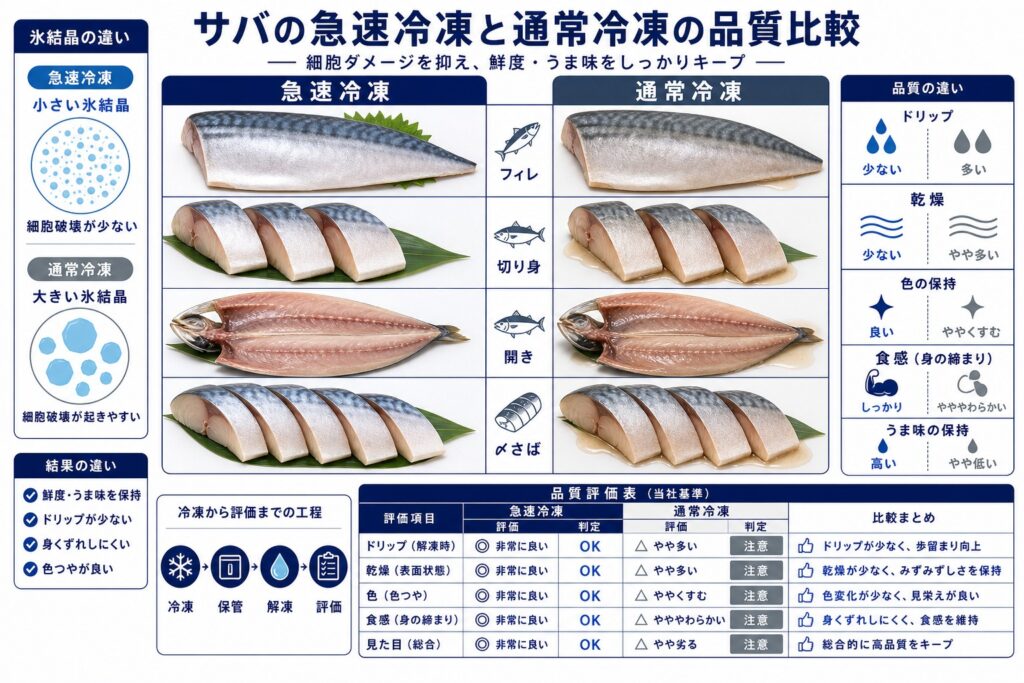 急速冷凍と通常冷凍によるサバ(フィレ・切り身・開き・〆さば)の品質差