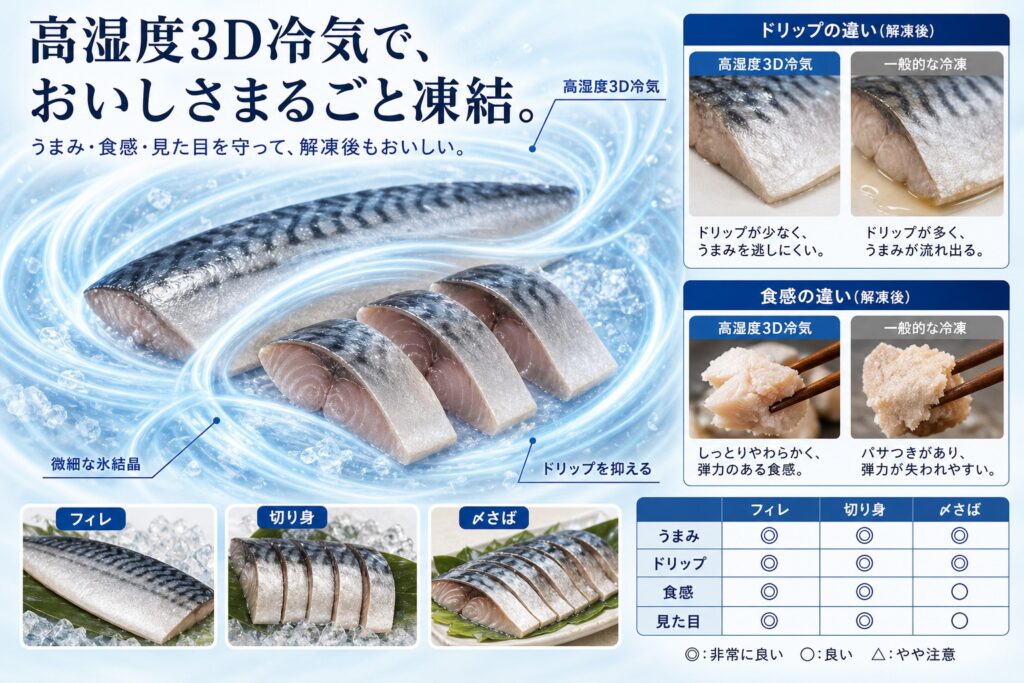 高湿度3D冷気でサバ(フィレ・切り身・開き・〆さば)を均一に凍結する仕組み