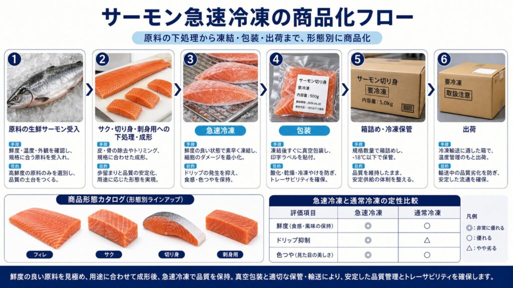 サーモン(フィレ・サク・切り身・刺身用)を急速冷凍して商品化するまでの商品状態と工程