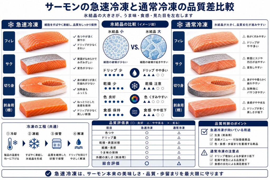 急速冷凍と通常冷凍によるサーモン(フィレ・サク・切り身・刺身用)の品質差