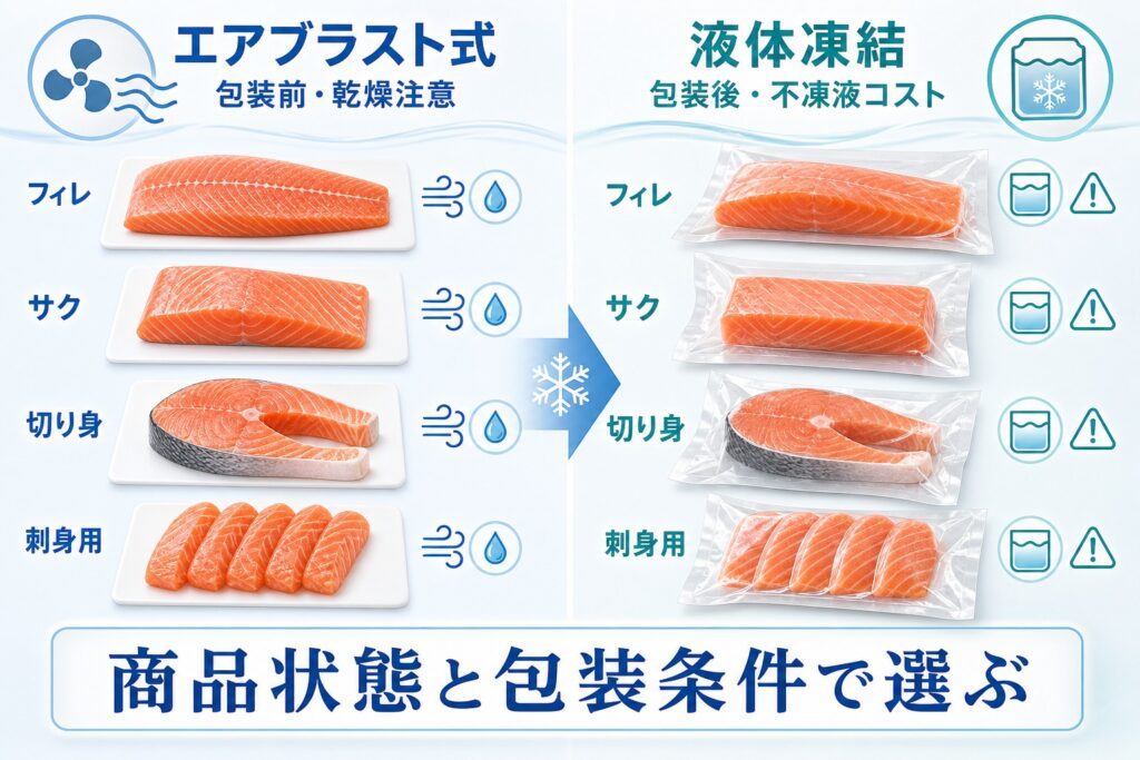 サーモン(フィレ・サク・切り身・刺身用)をエアブラスト式と液体凍結で比較し商品状態と包装条件で選ぶ図解
