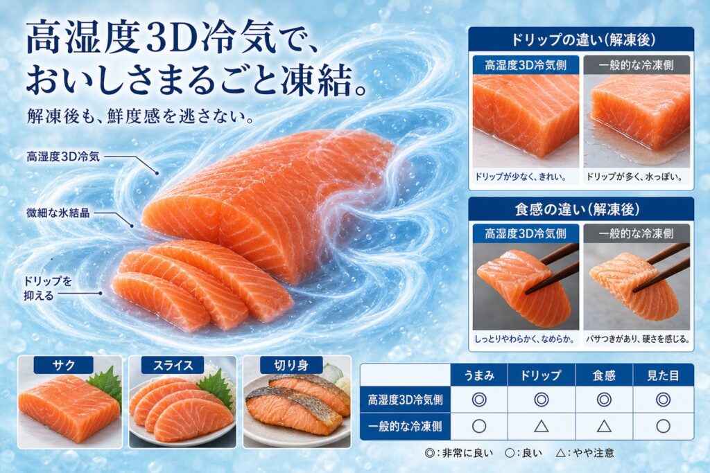 高湿度3D冷気でサーモン(フィレ・サク・切り身・刺身用)を均一に凍結する仕組み