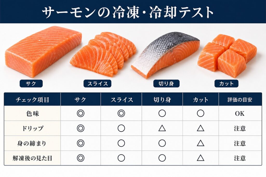 サーモン(フィレ・サク・切り身・刺身用)の冷凍・冷却テストの確認項目
