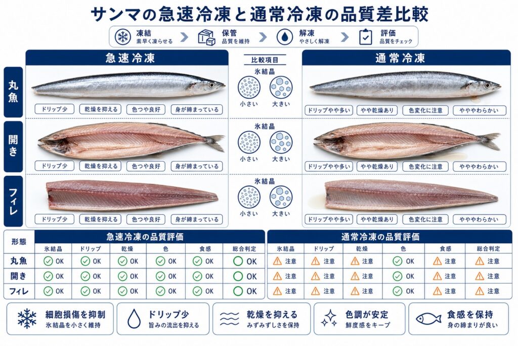 急速冷凍と通常冷凍によるサンマ(丸魚・開き・フィレ)の品質差
