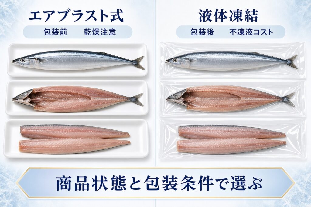 サンマ(丸魚・開き・フィレ)をエアブラスト式と液体凍結で比較し商品状態と包装条件で選ぶ図解