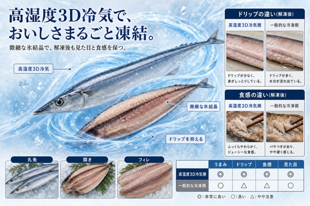 高湿度3D冷気でサンマ(丸魚・開き・フィレ)を均一に凍結する仕組み