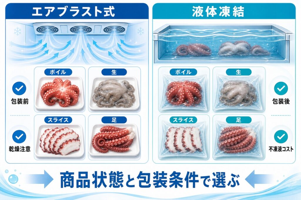 タコ(ボイル・生・スライス・足)で比べるエアブラスト式と液体凍結の特性と包装条件