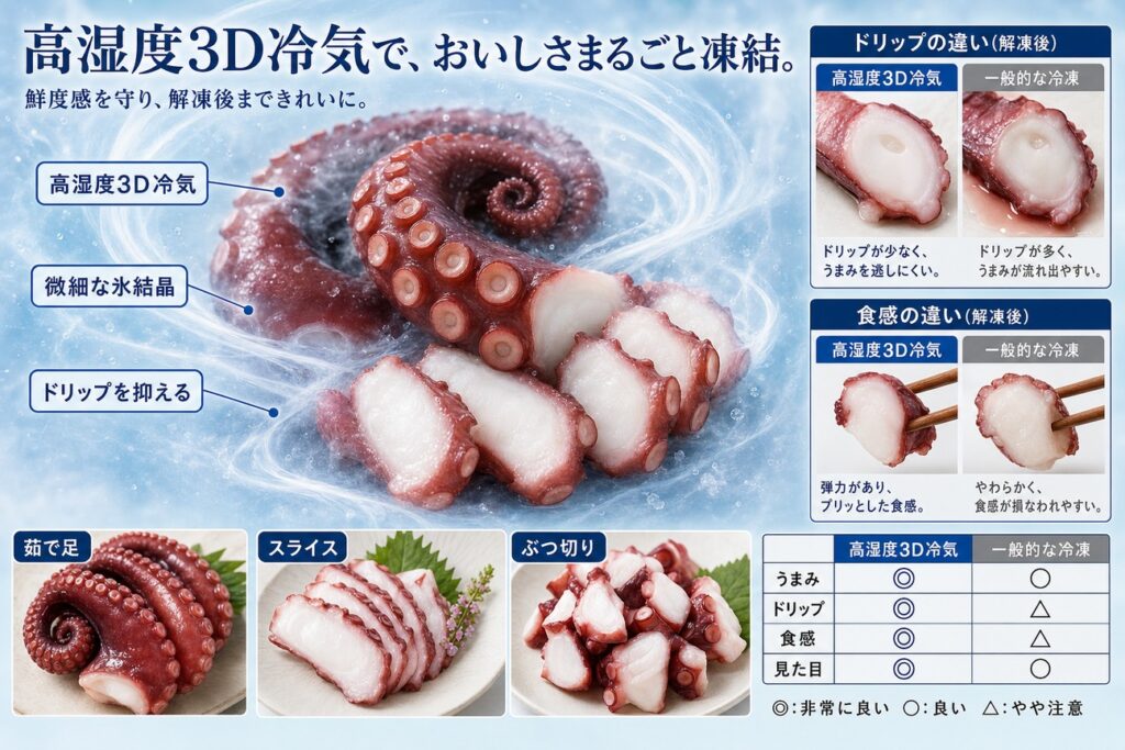 高湿度3D冷気でタコ(ボイル・生・スライス・足)を均一に凍結する仕組み