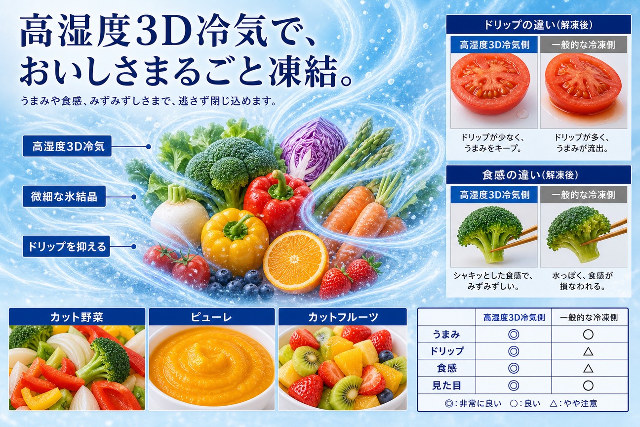 フルーツ野菜 野菜・果物の急速冷凍｜色・食感・形を守る設計｜KOGASUN