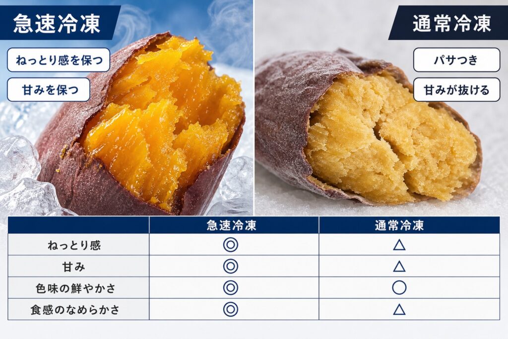 急速冷凍と通常冷凍による焼き芋(丸ごと・カット・蜜)の品質差
