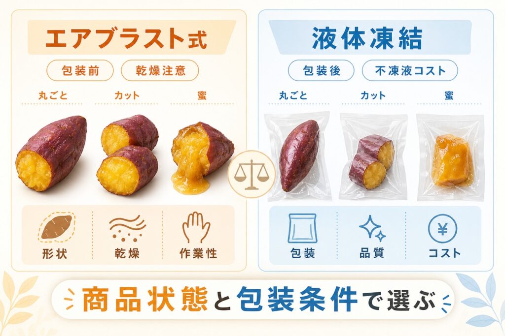 焼き芋(丸ごと・カット・蜜)で比べるエアブラスト式(包装前)と液体凍結(包装後)の特性比較