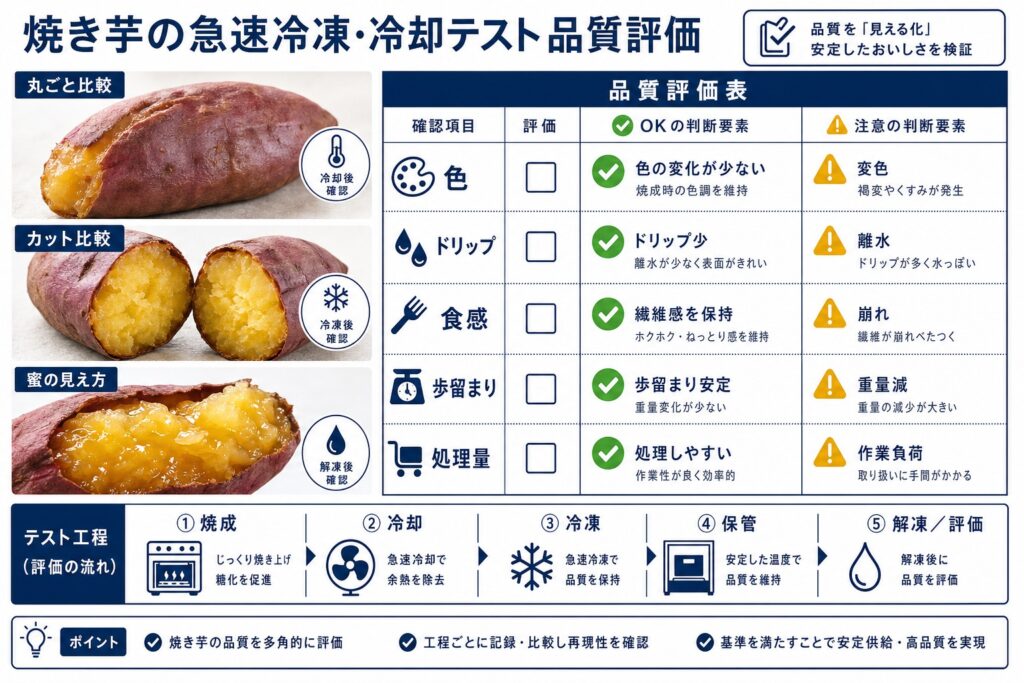 焼き芋(丸ごと・カット・蜜)の冷凍・冷却テストの確認項目