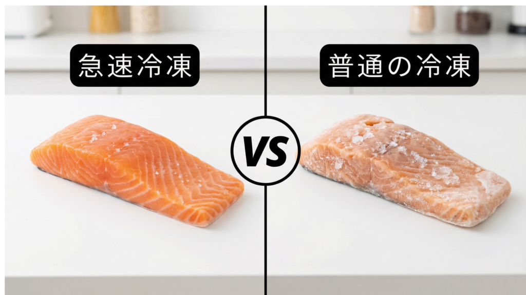 急速冷凍と普通の冷凍の違いを比較した鮭の切り身の画像