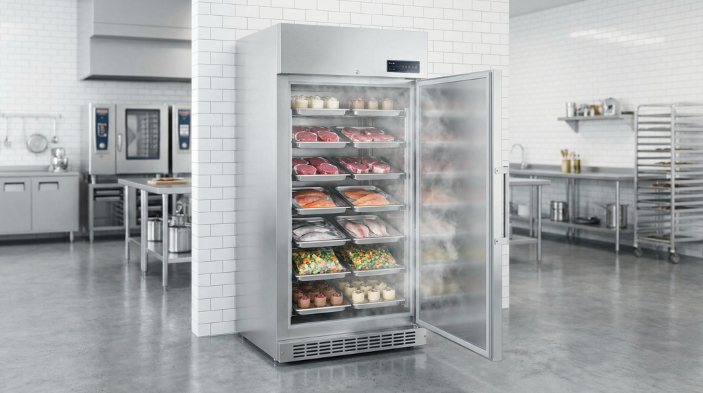 ショックフリーザーから取り出されたばかりの冷気が漂う新鮮な冷凍食品