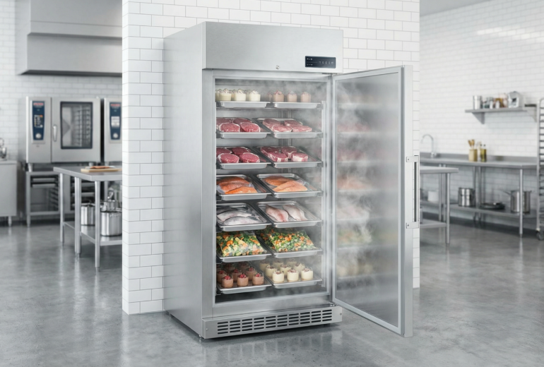 ショックフリーザーから取り出されたばかりの冷気が漂う新鮮な冷凍食品