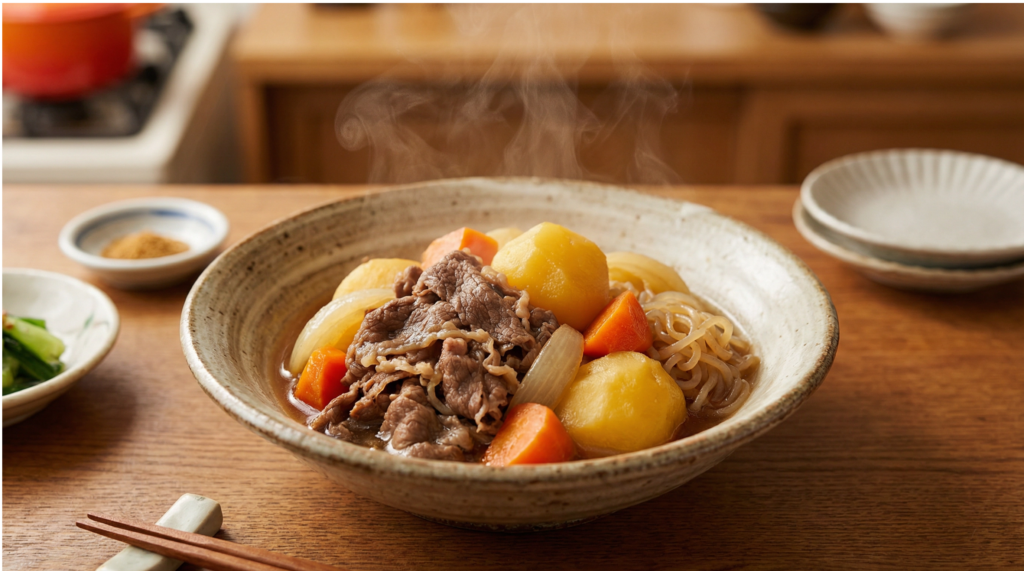 湯気が立ち上る美味しそうな肉じゃが