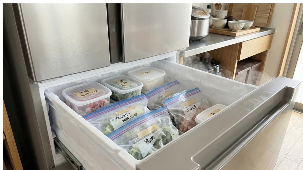 冷凍庫に整理された賞味期限ラベル付きの冷凍食品