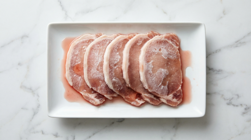 俯瞰アングルで撮影した豚肉スライスの解凍シーン。白い大理石カウンターの上で、複数の薄切り肉からドリップが流れ出ている様子。