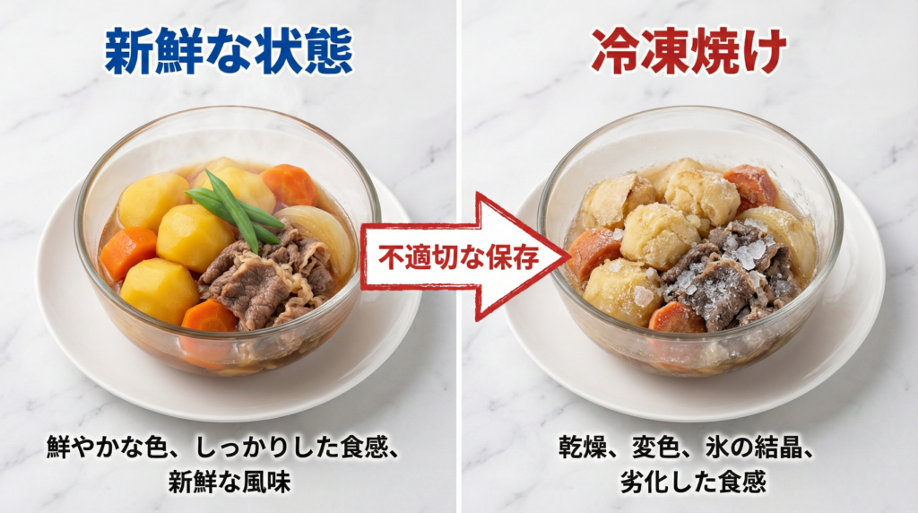 冷凍でパサパサになったじゃがいもと、新鮮な肉じゃがの比較画像
