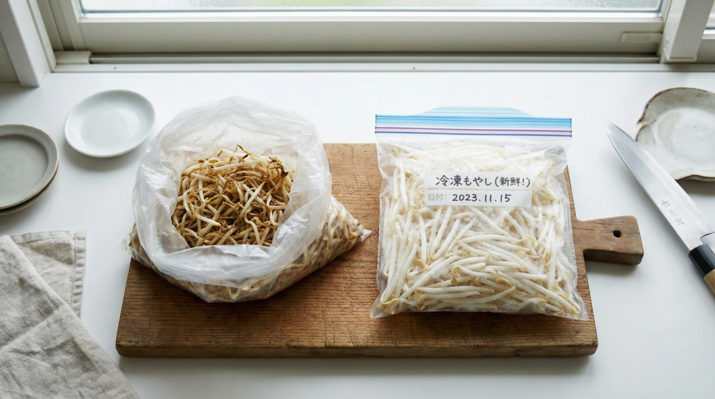 傷んで茶色く変色したもやしと、冷凍保存袋に入った新鮮な白いもやしの比較。キッチンカウンターの上で左右に並べて対比を表現