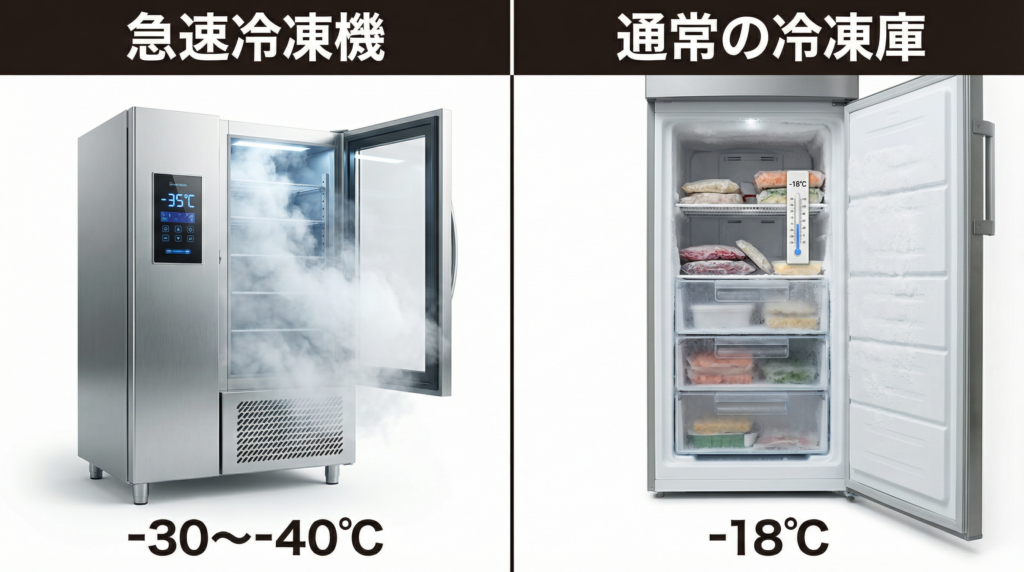 ショックフリーザー(-35℃)と通常の家庭用冷凍庫(-18℃)の温度と性能の違いを比較した画像