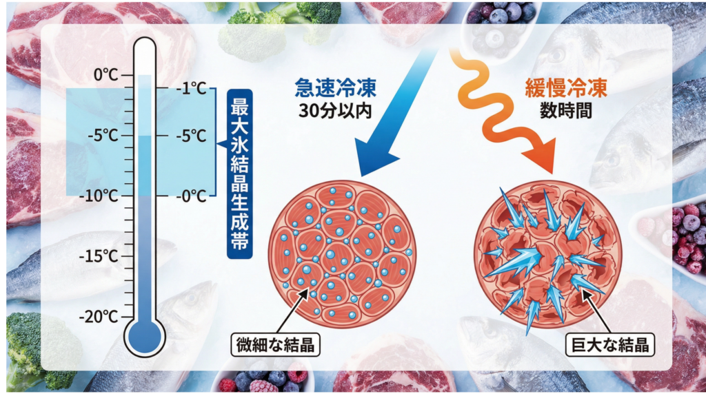 急速冷凍の鍵となる最大氷結晶生成帯（-1℃〜-5℃）を素早く通過する重要性を示した図解