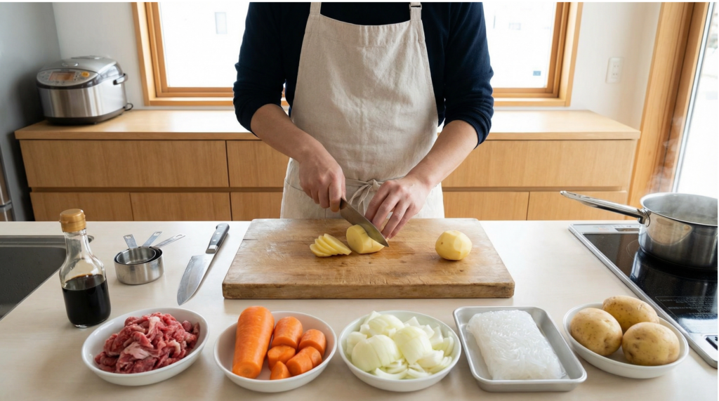 肉じゃがの冷凍保存のために、じゃがいもや人参などの具材を適切な大きさにカットしている様子