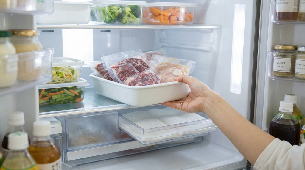 冷凍肉をバットに乗せ、冷蔵庫のチルド室に入れて低温でじっくり解凍している様子。