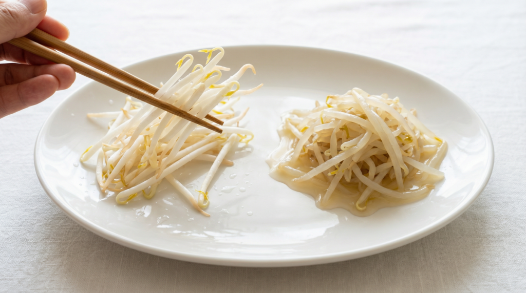 白い皿の上で生のもやしと冷凍解凍後のもやしを比較。箸で持ち上げた生のもやしはシャキシャキと張りがあり、解凍後のもやしはしんなりとした食感を表現