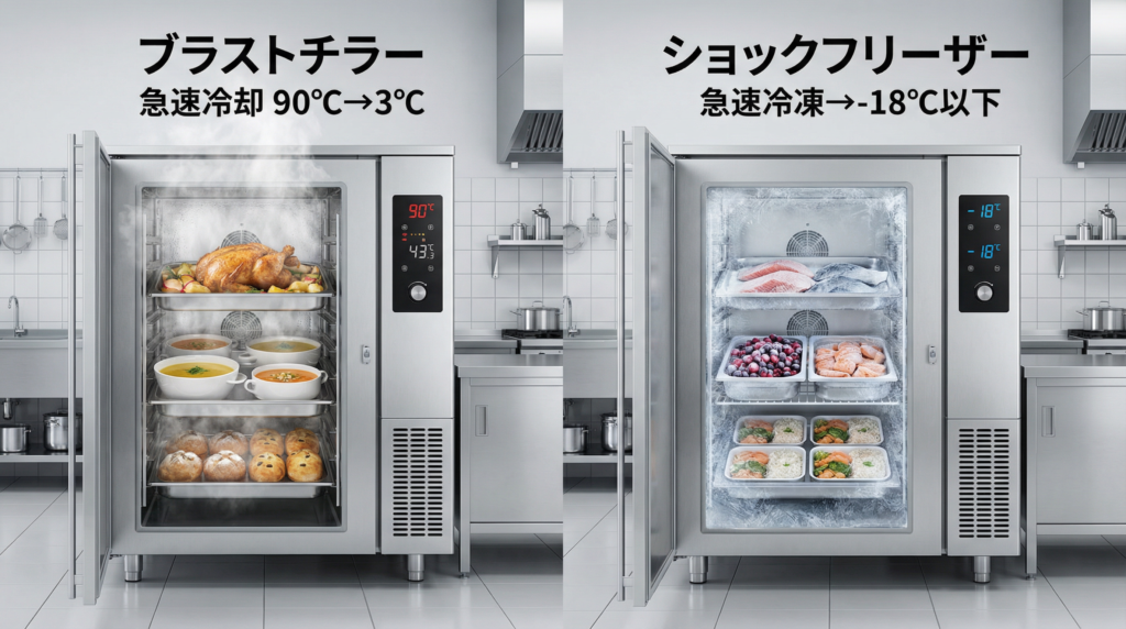 急速冷凍を行うショックフリーザーと急速冷却を行うブラストチラーの機能の違い