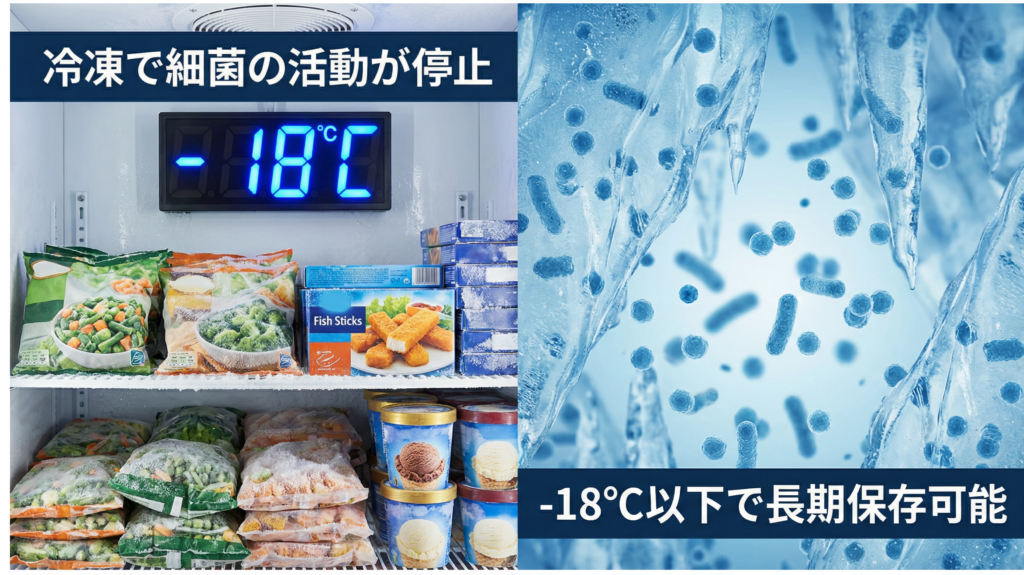 冷凍(-18℃以下)で細菌の活動が停止し長期保存が可能になることを示す画像